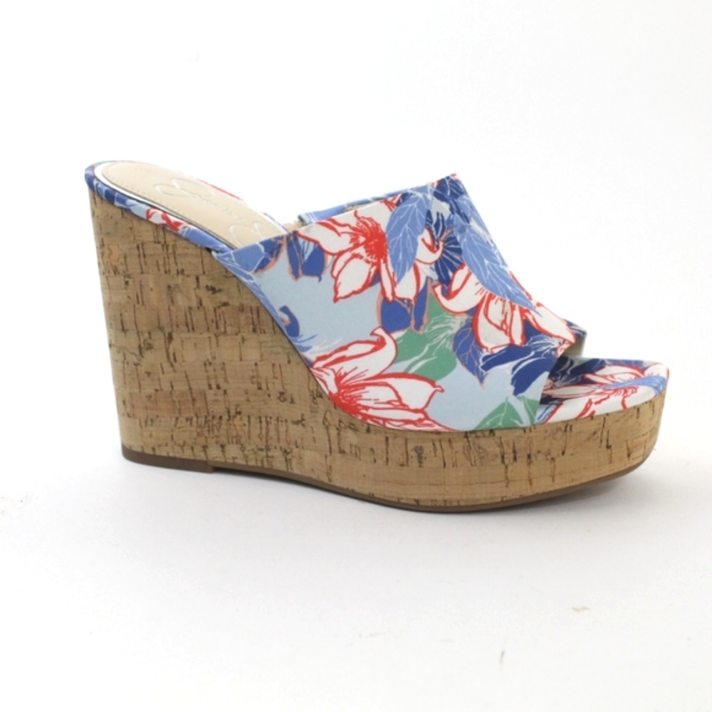 Jessica Simpson Size 7 Shantelle Wedge Shoe Heels Cork Sandal Floral Blue Orange